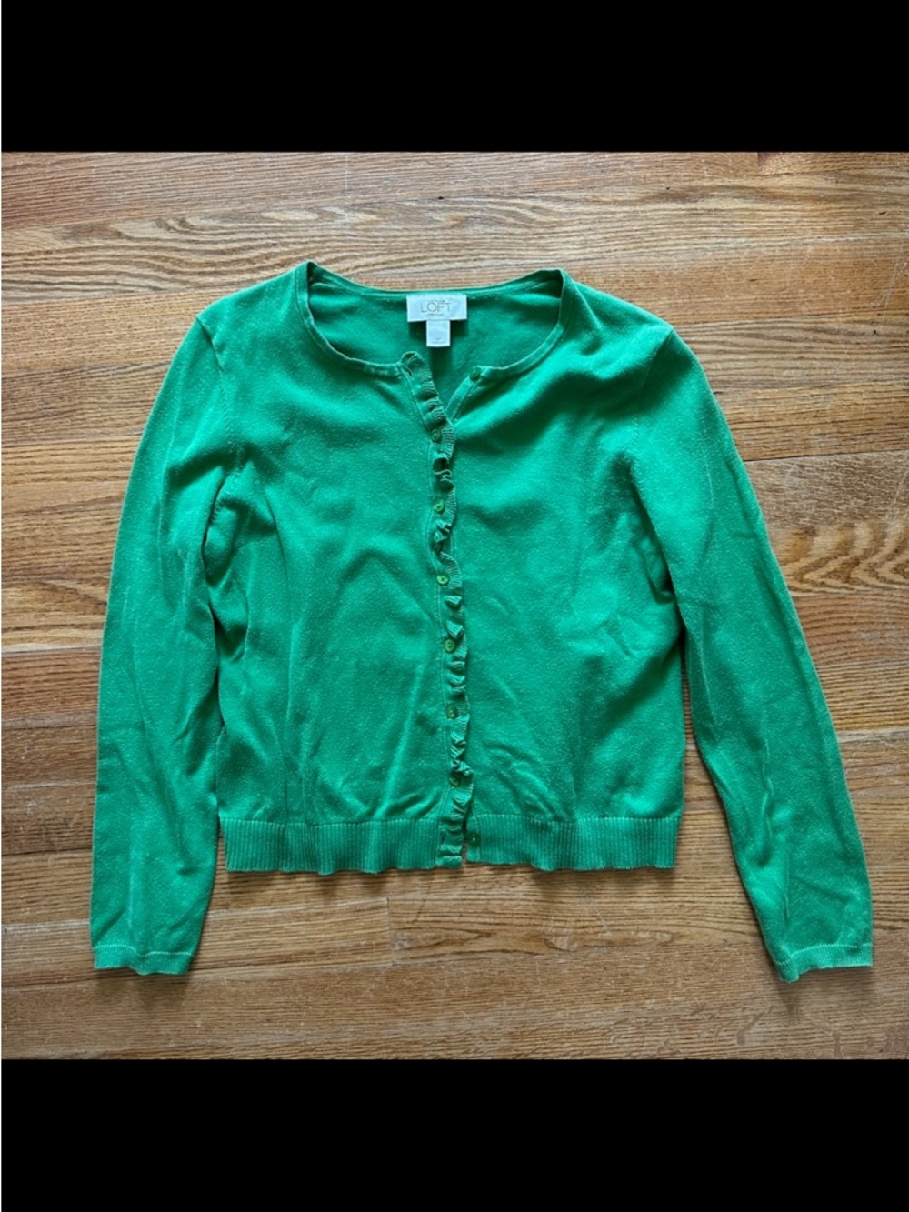 Ann Taylor loft petites green ruffle cardigan
